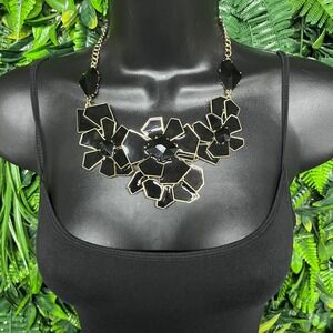 Geometric Floral Necklace Black Gold Tone Statement Bib Enameled Glam 3801